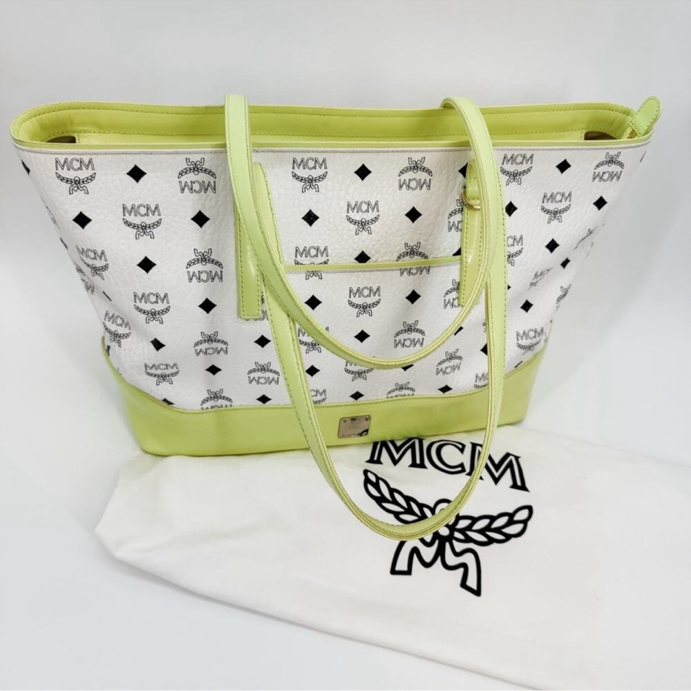 MCM Tote Bag White Yellow Visetos Shopper Authentic Leather Zipper Purse Handbag